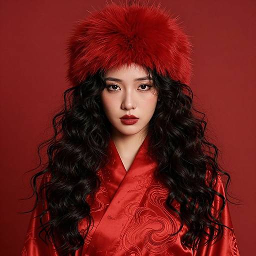 Elegant Woman in Red Fur Hat and Silk Robe Portrait
