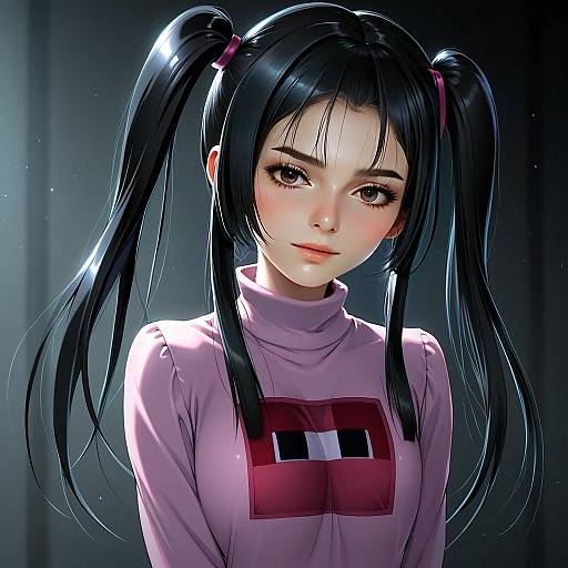 Digital Illustration of a Young Woman with Twin Ponytails in Pink Top