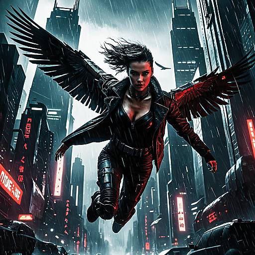 Cyberpunk Woman with Mechanical Wings Flying in Rainy Neon City