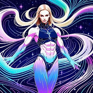 Athletic Woman in Cosmic Sci-Fi Background