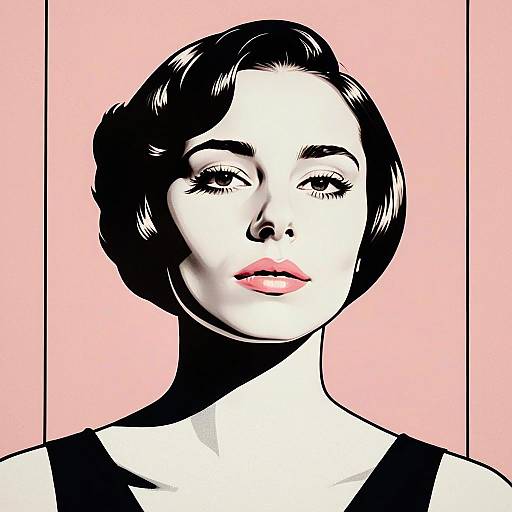 Vintage Style Pop Art Portrait of Woman on Pink Background