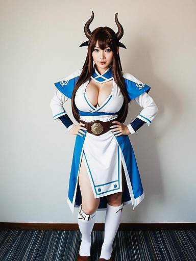 Mugino Shizuri Cosplay Woman in Detailed Blue and White Outfit with Horns