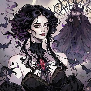 Fierce Woman in Gothic Attire with Mystical Background