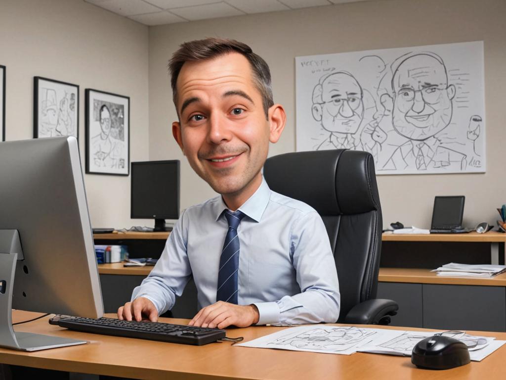 Playful caricatured man at office desk