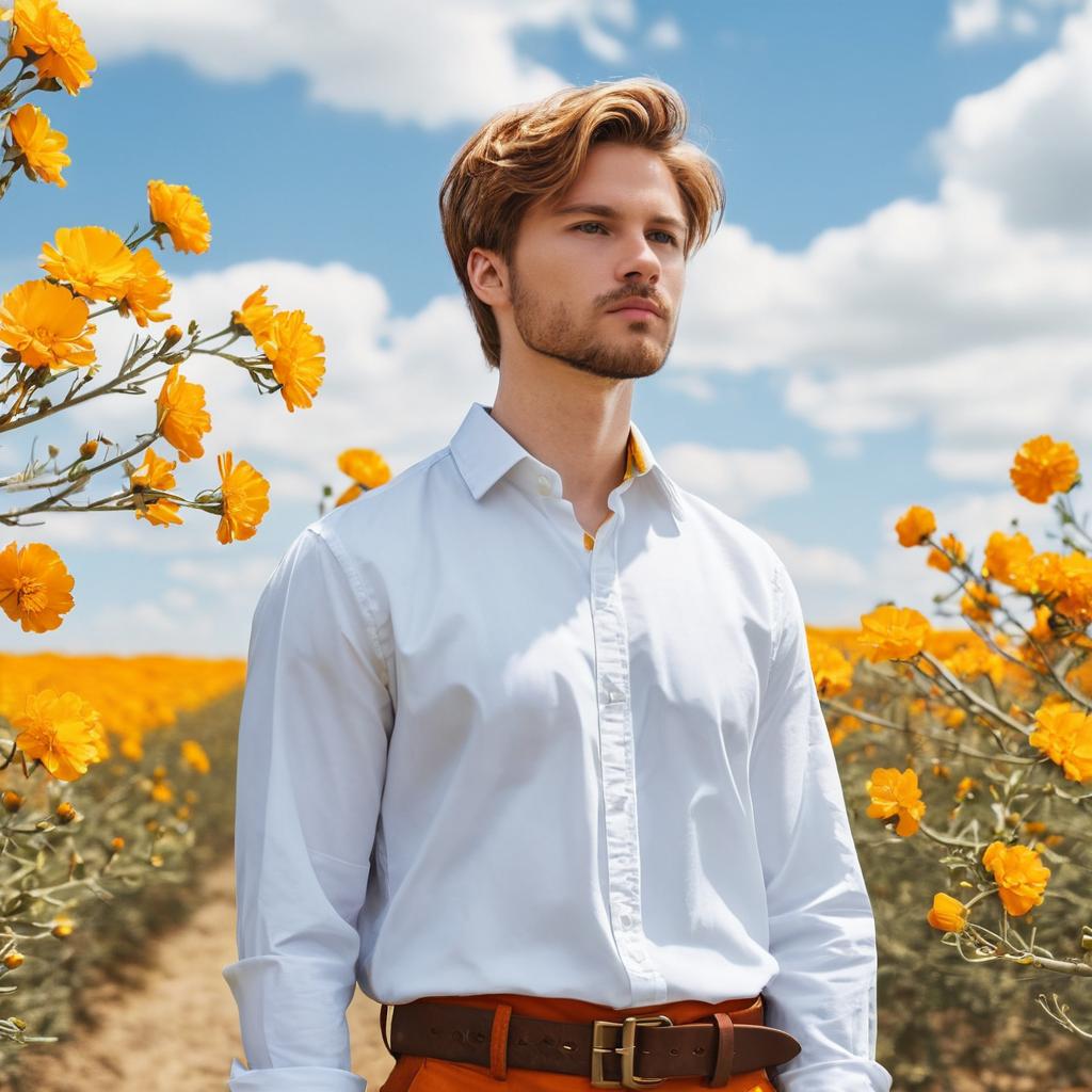 Young Man Standing in Yellow Flower Field Wearing White Shirt