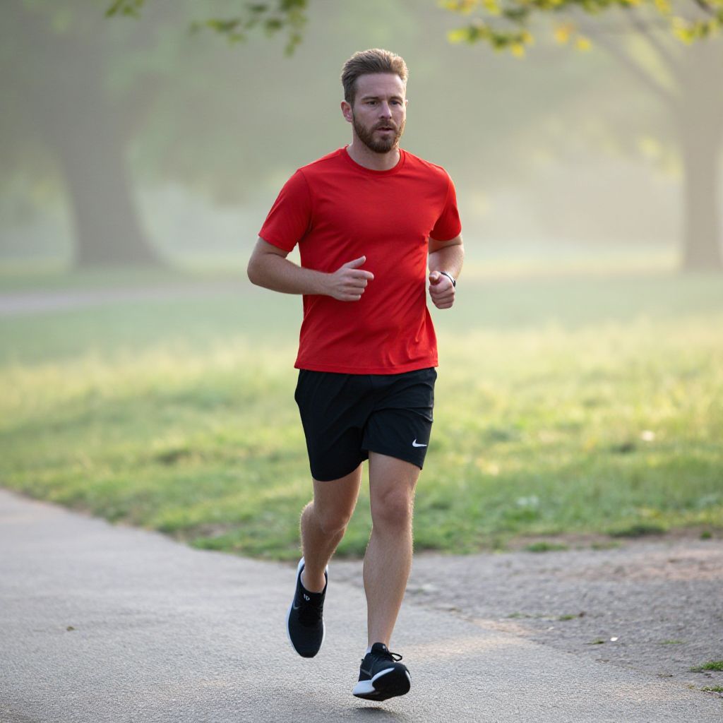 Man Jogging in Park on Misty Morning Wearing Red T-Shirt and Black Shorts