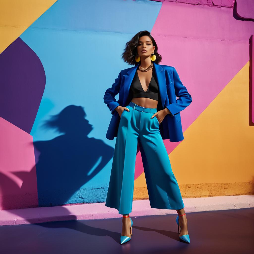 Confident Woman in Blue Outfit Against Geometric Background