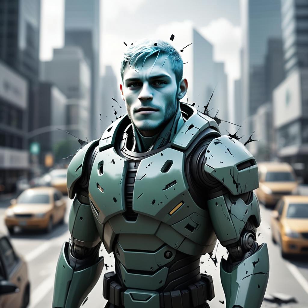 Futuristic Armored Man in Cyberpunk Cityscape with Battle Damage