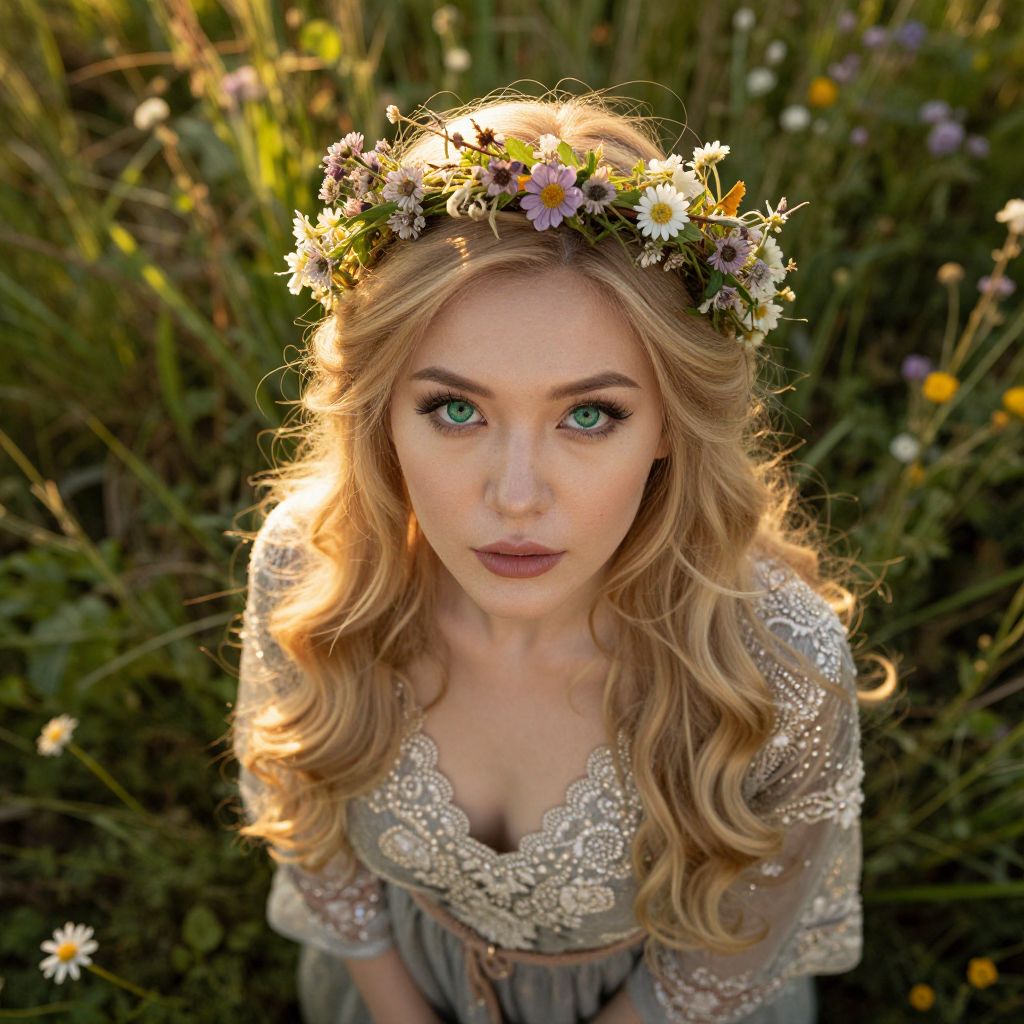 Blonde Woman with Floral Crown in Bohemian Meadow