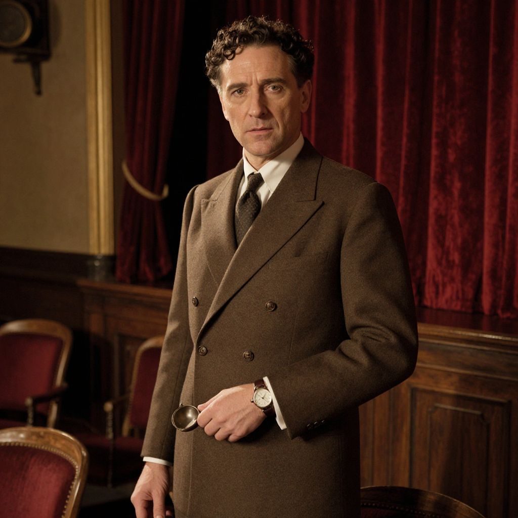 Vintage Portrait of Man in Brown Double-Breasted Suit in Classic Interior