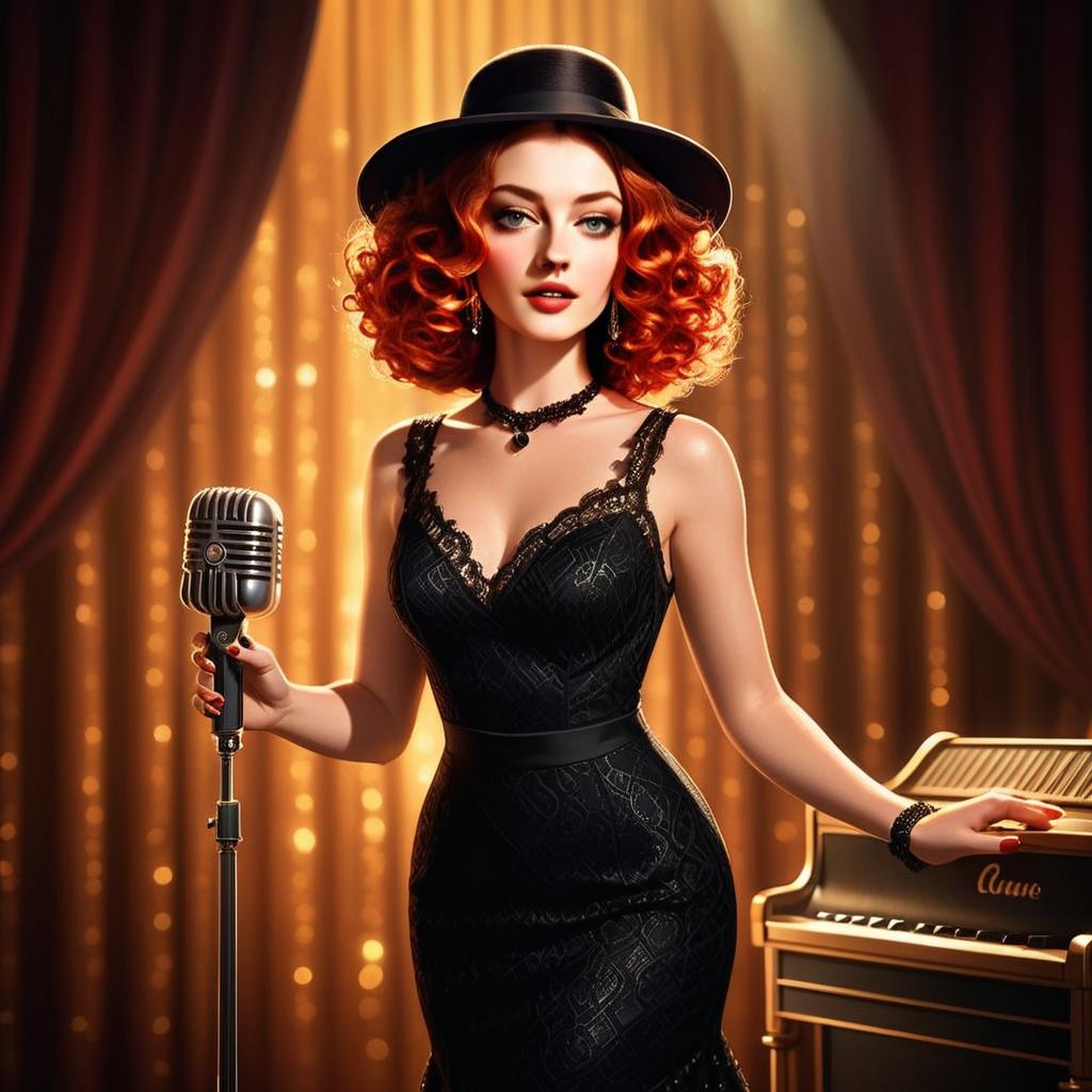 Vintage Jazz Singer Woman with Red Curly Hair in Black Lace Dress on Stage
