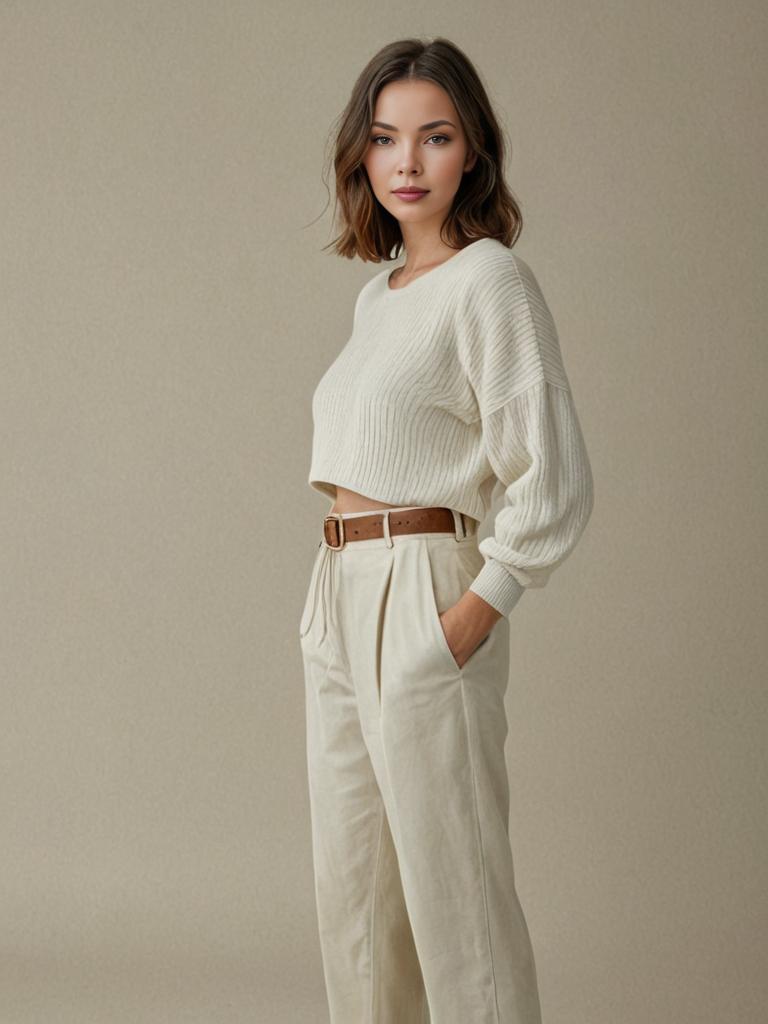 Stylish Woman in White Knit Sweater and Beige Pleated Pants