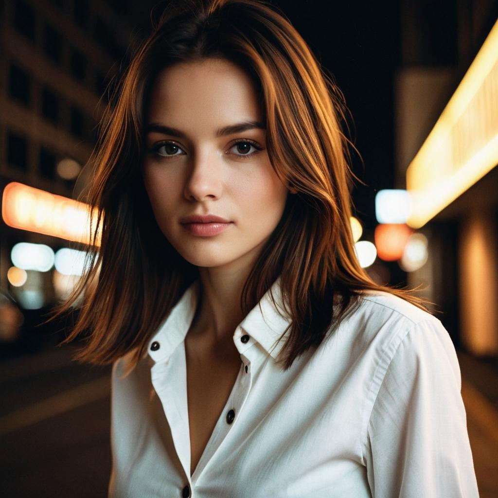 Portrait of Young Woman in White Shirt at Night Urban Setting