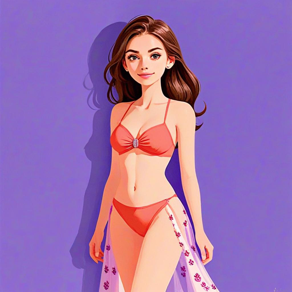 Woman with Pretty Face and Hair in Vibrant Coral Tankini Set Illustration
