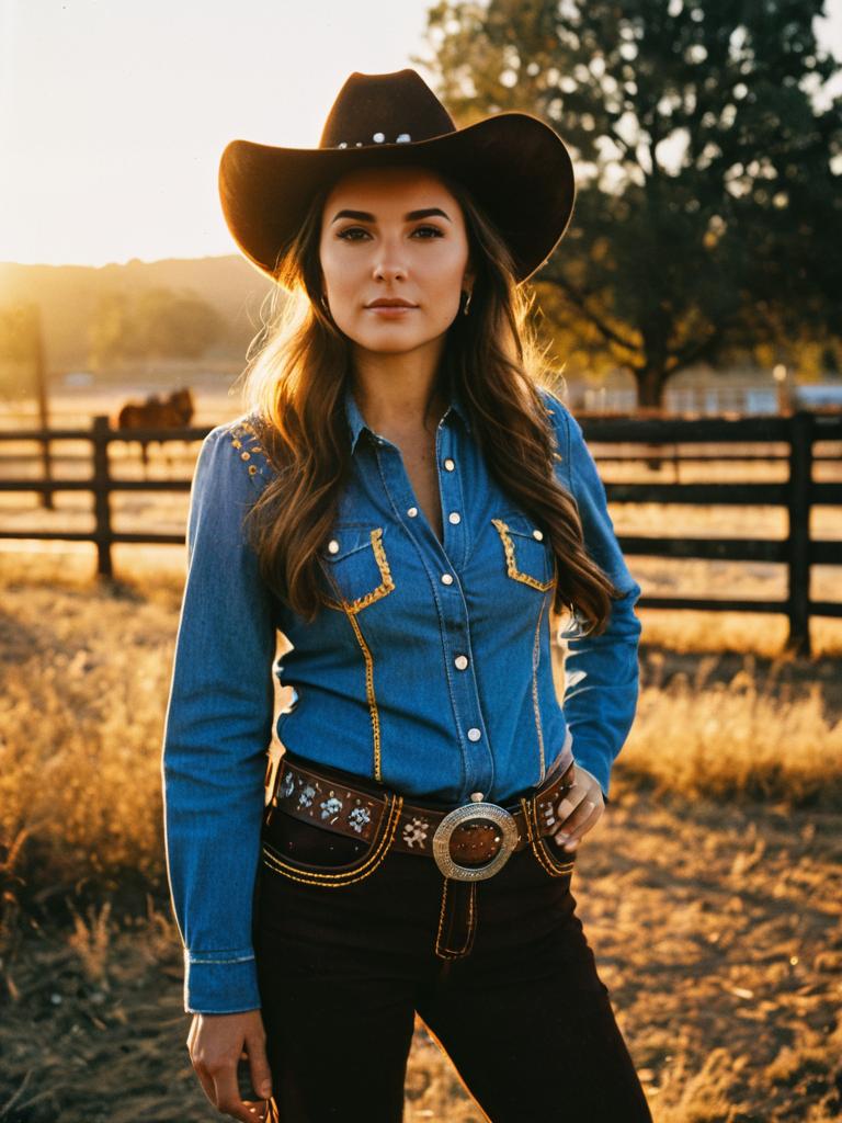 Photorealistic Outdoor Portrait of Woman in Cowgirl Costume at Golden Hour