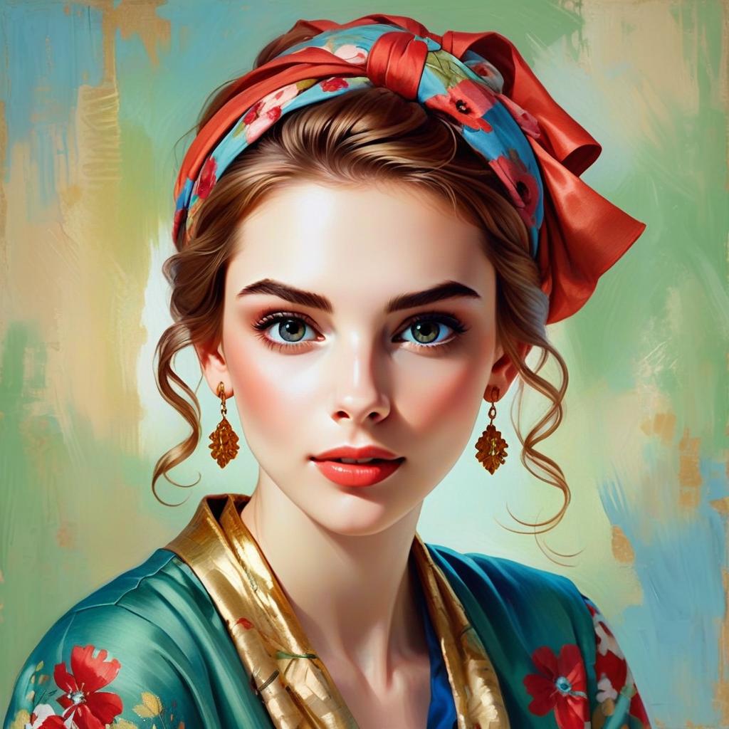 Elegant Vintage Style Portrait of Young Woman with Floral Headscarf