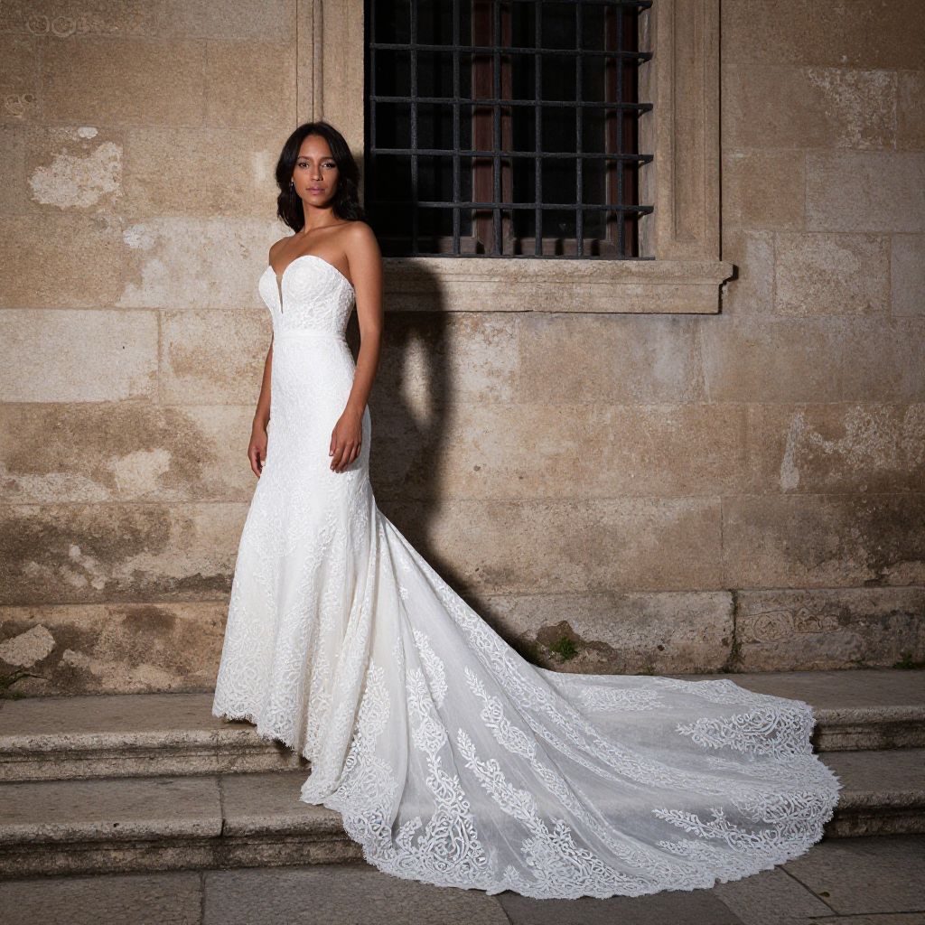 Elegant Strapless White Wedding Dress with Long Lace Train on Stone Steps