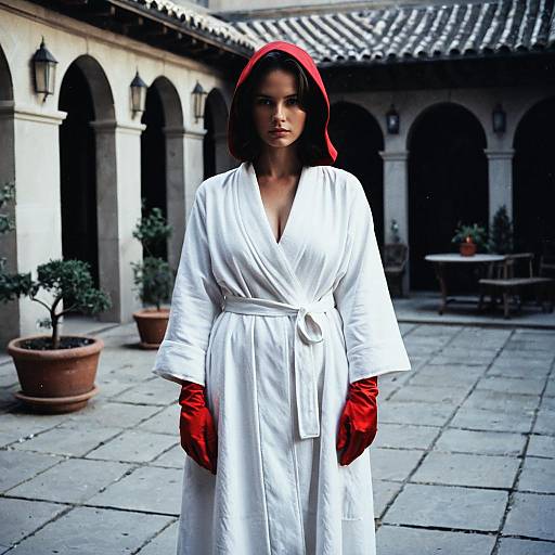 Woman in White Robe with Red Gloves and Hood in Historic Courtyard