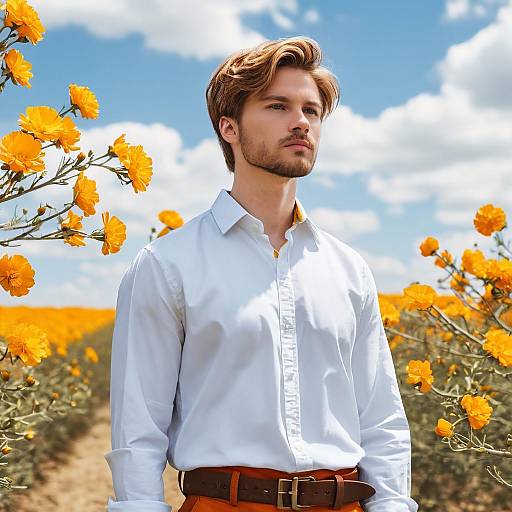Young Man Standing in Yellow Flower Field Wearing White Shirt