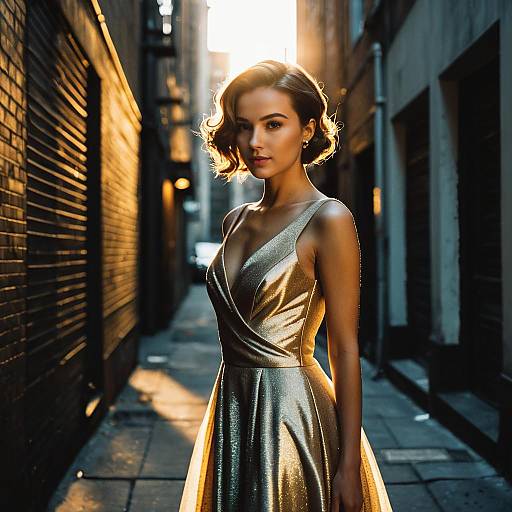 Elegant Woman in Metallic Gold Dress Posed in Urban Alleyway at Golden Hour