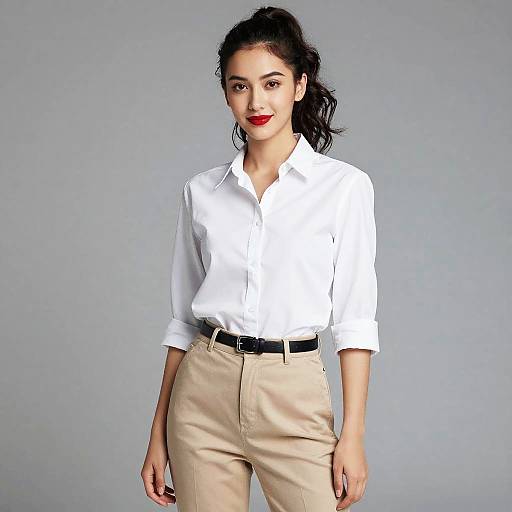 Modern Young Woman Wearing White Shirt and Beige Pants