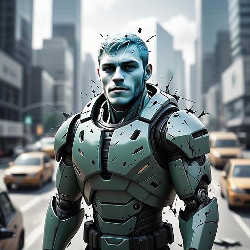 Futuristic Armored Man in Cyberpunk Cityscape with Battle Damage