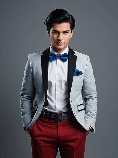 Young Man in Funny Villain Costume Bow Tie and Red Pants