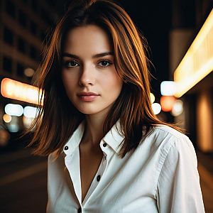 Portrait of Young Woman in White Shirt at Night Urban Setting