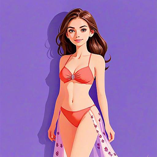 Woman with Pretty Face and Hair in Vibrant Coral Tankini Set Illustration
