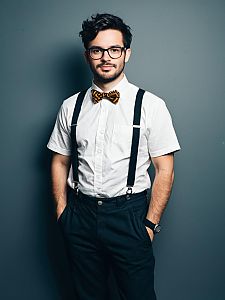 Man in Nerd Costume Full Body Cosplay with Glasses and Suspenders