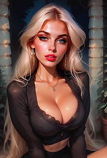 Glamorous Blonde Woman in Sheer Black Top with Lace Detail