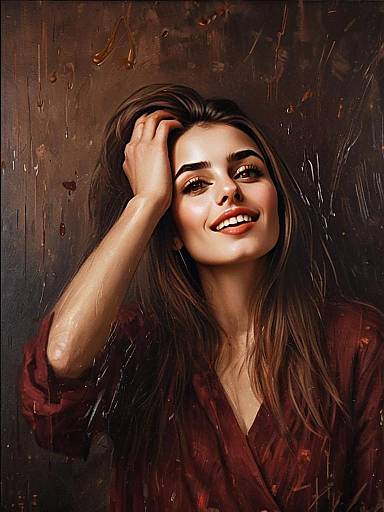 Artistic Portrait of Smiling Woman with Long Hair in Painterly Style