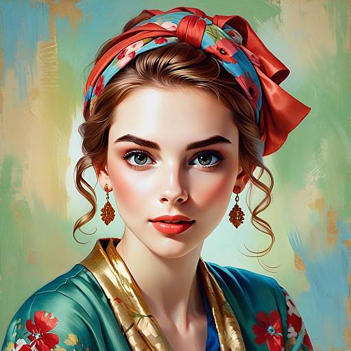 Elegant Vintage Style Portrait of Young Woman with Floral Headscarf