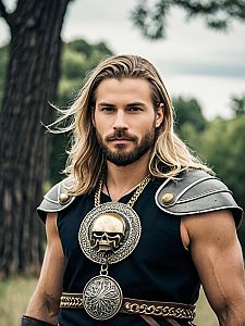 Portrait of Warrior Man with Skull Medallion and Armor