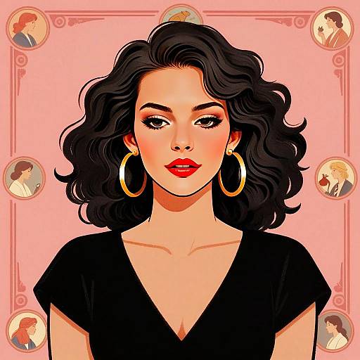 Elegant Woman with Gold Hoop Earrings and Retro Cameo Background Illustration