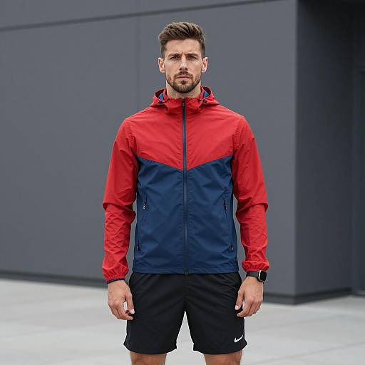 Man Wearing Red and Navy Windbreaker with Black Athletic Shorts Outdoors