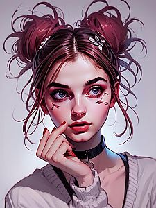 Portrait of a Young Woman with Pink Hair and Purple Eyes