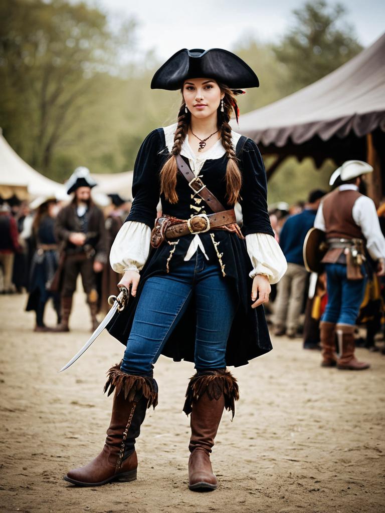 Renaissance Faire Pirate Woman in Tricorn Hat and Boots Holding Sword Outdoors