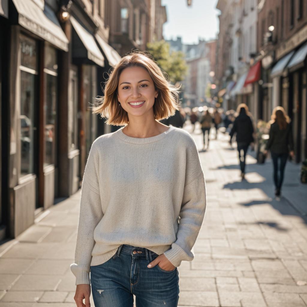 Joyful Woman Walking in Sunlit City Street