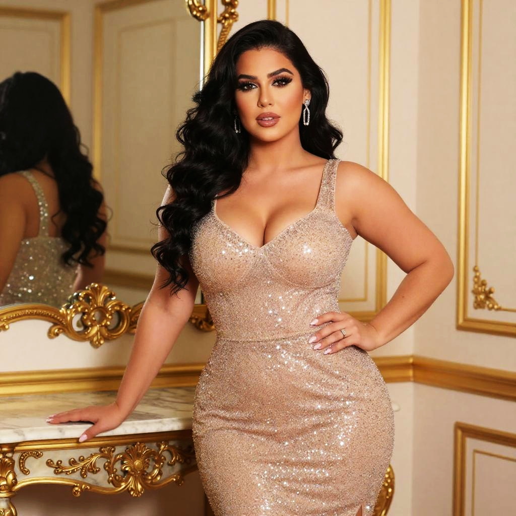 Glamorous Woman in Gold Sequin Dress in Luxurious Interior