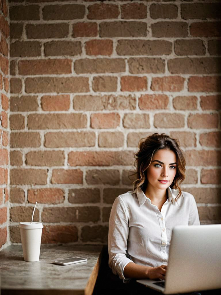 Young Woman Working at Cafe with Laptop