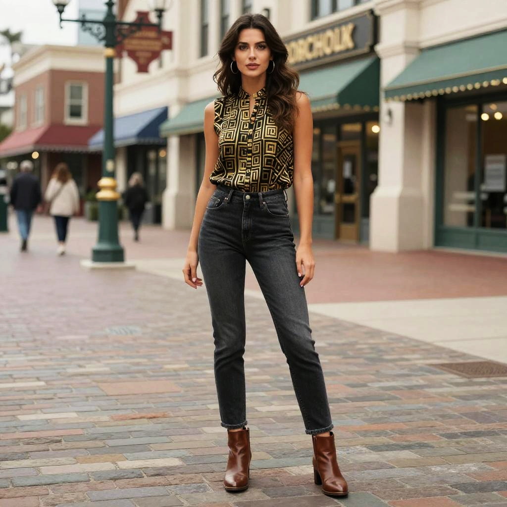 Stylish Woman in Sleeveless Black and Gold Top with Dark Jeans Urban Fashion