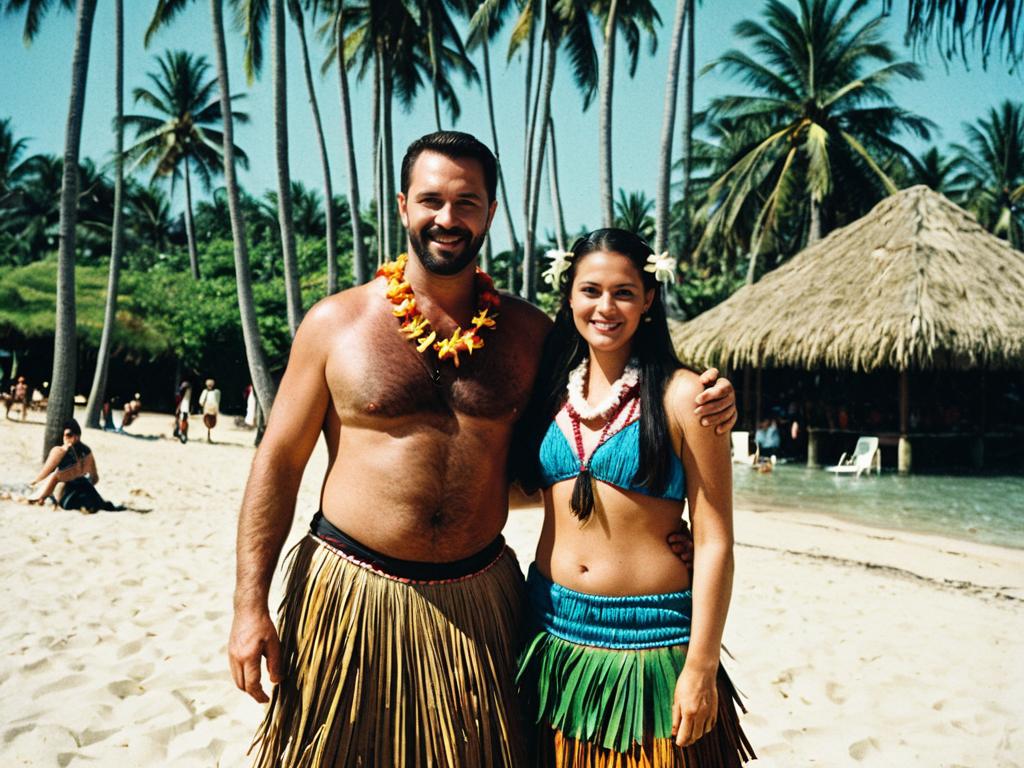 Luau Adults in Traditional Grass Skirts on Tropical Beach with Palm Trees