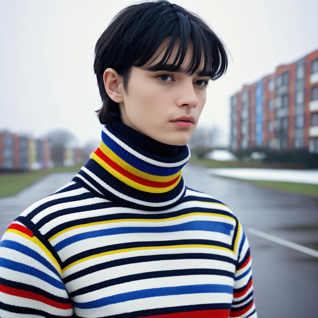 Young Man in Colorful Striped Turtleneck Outdoors