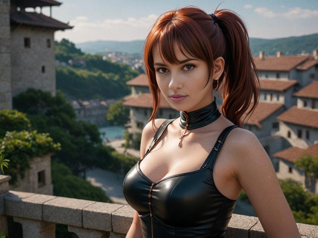 Confident Woman in Black Outfit Against Historical Architecture