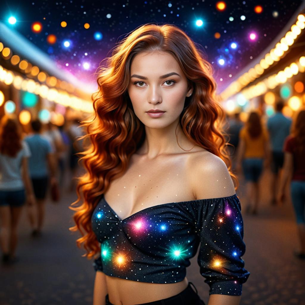 Young Woman in Cosmic Fashion with Vibrant Background