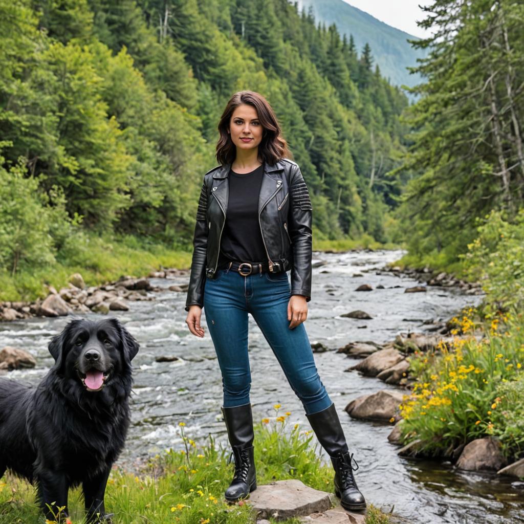 Woman in Leather Jacket with Black Dog in Forest