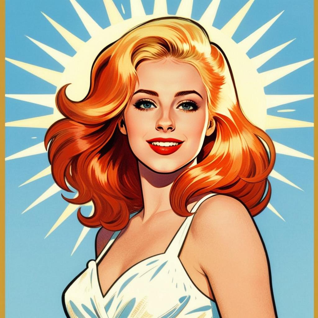 Pop Art Style Illustration of Woman with Orange Hair and Sunburst Background