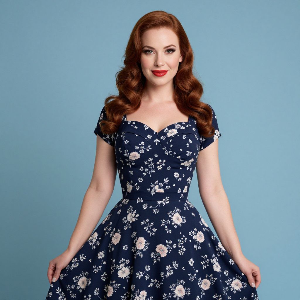Vintage 1950s Style Floral Dress on Redhead Woman Blue Background