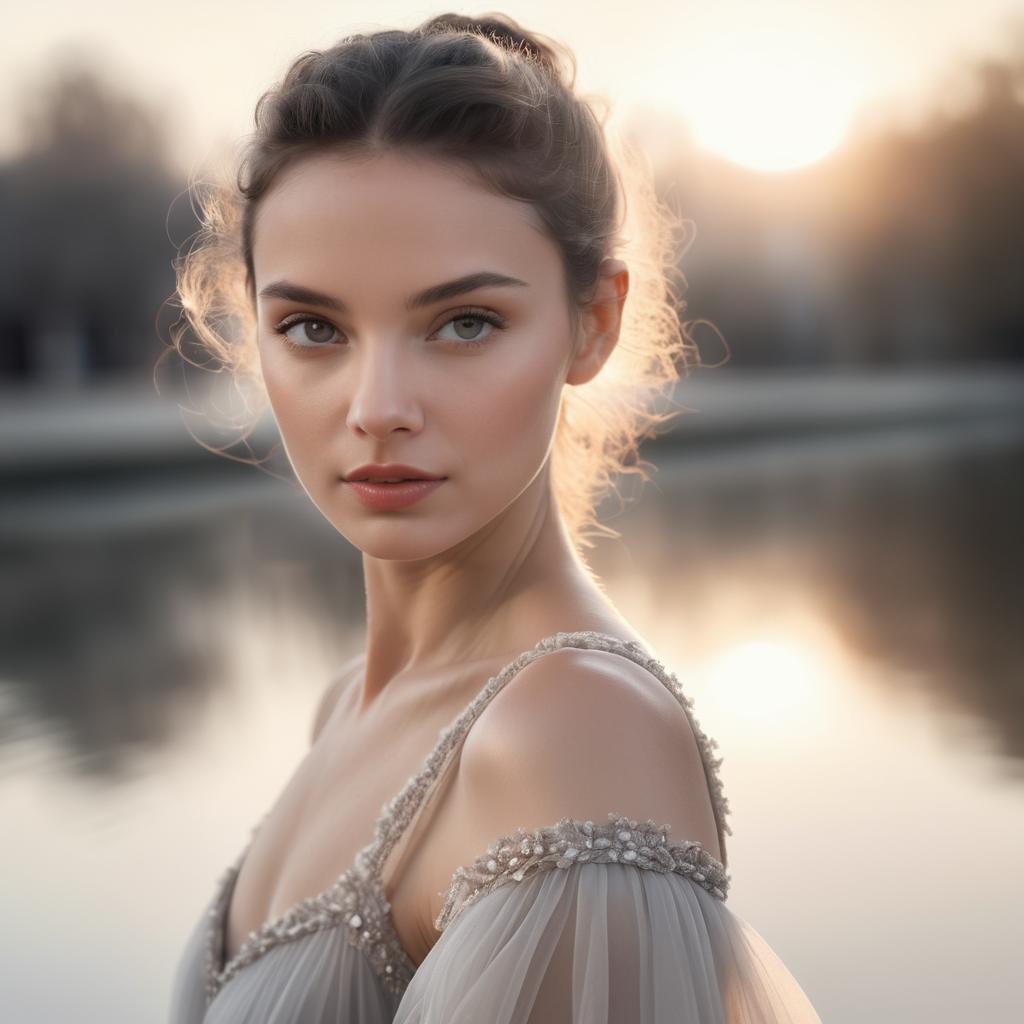 Woman by Tranquil Lake at Sunset